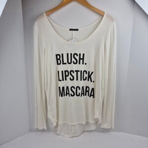 Sweet Claire Womens Blush Lipstick Mascara Graphic Long Sleeve Tee White Size M